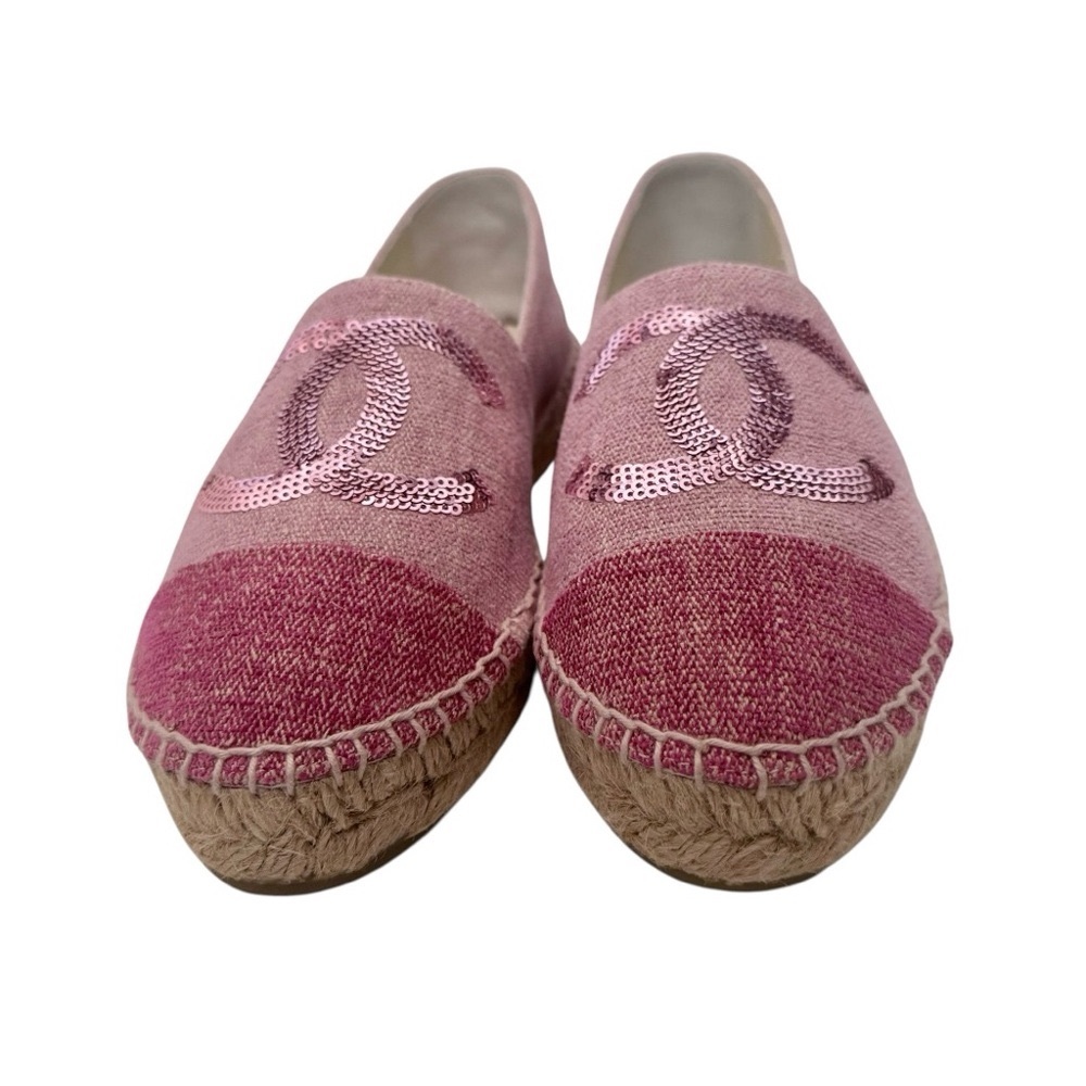🆕💞CHANEL 2-Tone Pink Canvas & Sequin CC Logo Cap-Toe Espadrilles Flats • EU 37 - Picture 4 of 16